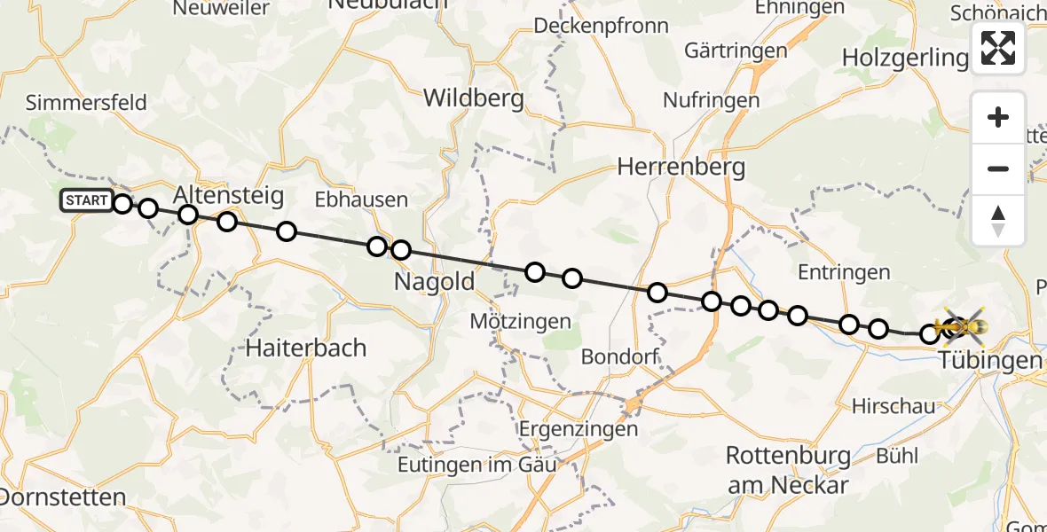 Flugroute Rettungshubschrauber Göttelfingen - Tübingen Trauma Hospital, 21 März 2026, 12:24
