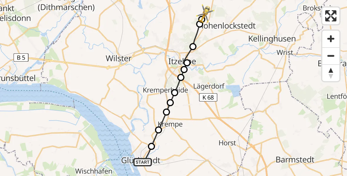 Flugroute Rettungshubschrauber Glückstadt - Hohenlockstedt, 21 März 2026, 12:27