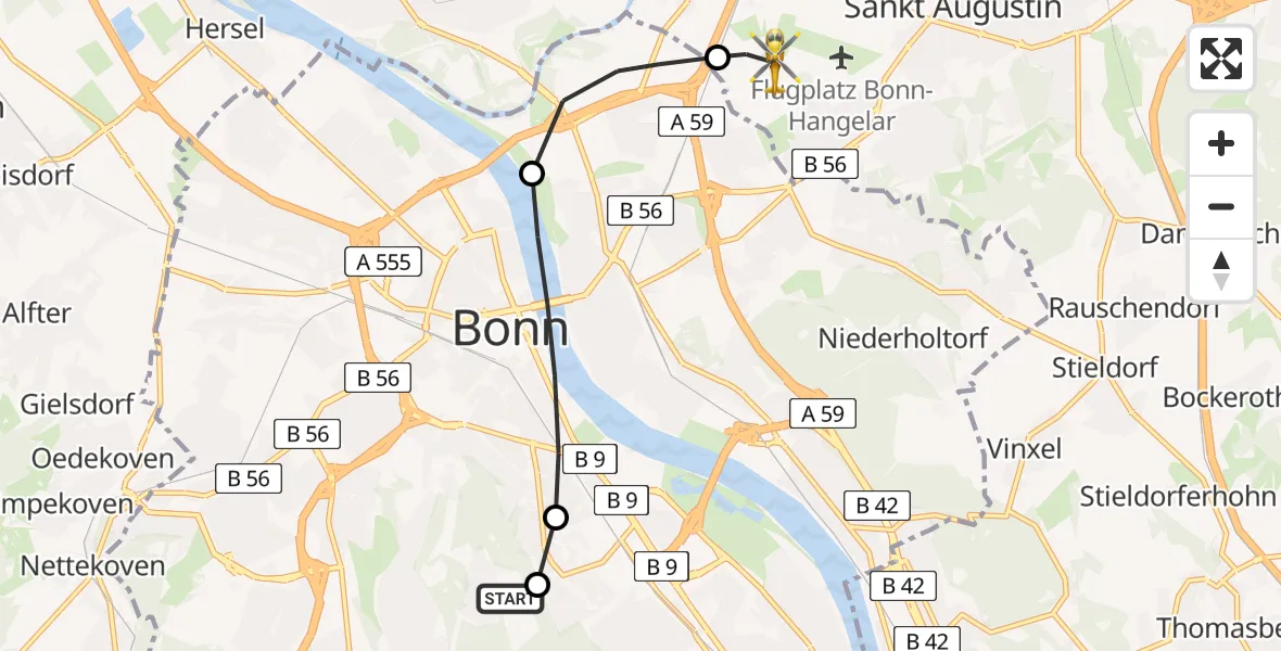 Flugroute Rettungshubschrauber Bonn University Hospital - Sankt Augustin, 21 März 2026, 12:39
