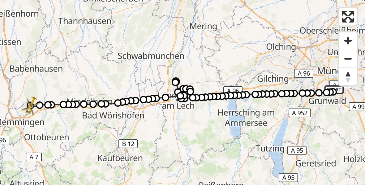 Flugroute Rettungshubschrauber ADAC Air Rescue Center Hubschrauberlandeplatz (Christoph 1) - Holzgünz, 21 März 2026, 12:51