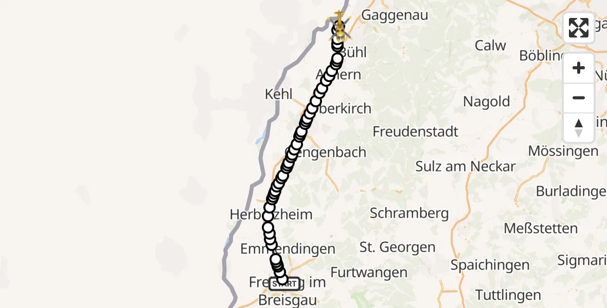 Flugroute Rettungshubschrauber Freiburg im Breisgau Flugplatz - Karlsruhe Baden-Baden Flughafen, 21 März 2026, 12:53