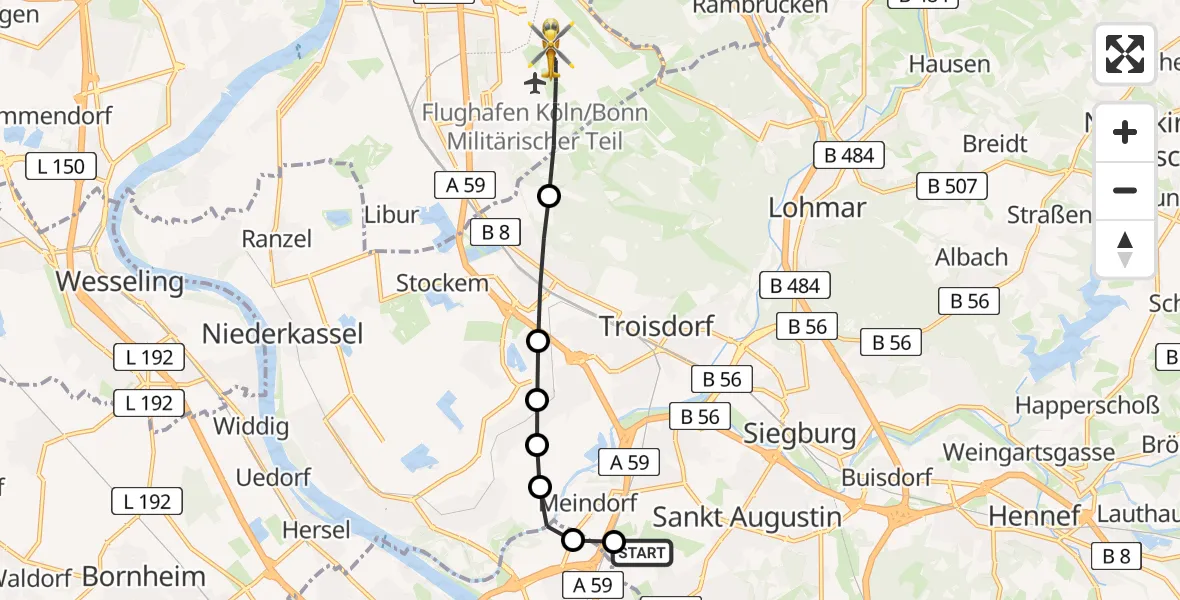 Flugroute Rettungshubschrauber Sankt Augustin - Köln Bonn Flughafen, 21 März 2026, 12:57