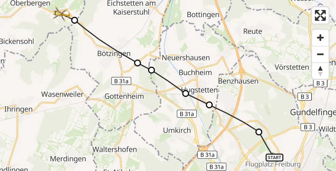 Flugroute Ambulanzhubschrauber Freiburg im Breisgau Flugplatz - Oberbergen, 21 März 2026, 13:00