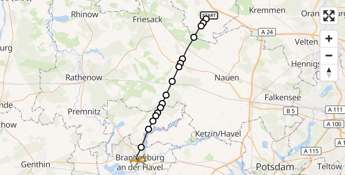 Flugroute Rettungshubschrauber Fehrbellin - Brandenburg an der Havel, 21 März 2026, 13:00