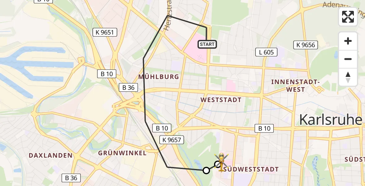 Flugroute Rettungshubschrauber Karlsruhe - Sankt Vincentius Hospital, 21 März 2026, 13:04
