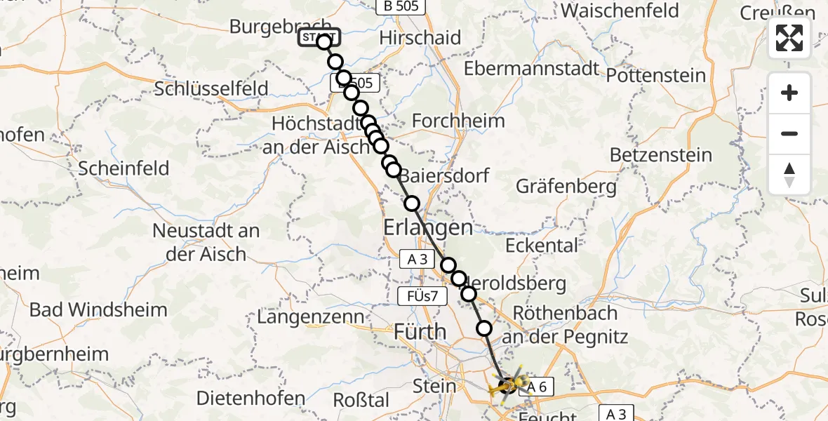 Flugroute Rettungshubschrauber Stappenbach - Nürnberg South Hospital, 21 März 2026, 13:16