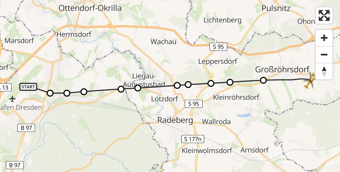 Flugroute Rettungshubschrauber Dresden Bundespolizei Hubschrauberlandeplatz - Großröhrsdorf, 21 März 2026, 13:27