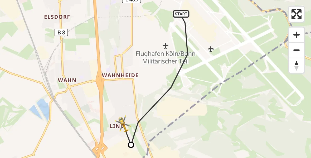 Flugroute Rettungshubschrauber Köln Bonn Flughafen - Porz, 21 März 2026, 13:30