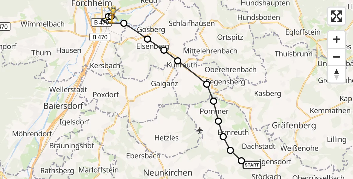 Flugroute Ambulanzhubschrauber Unterlindelbach - Forchheim Franconian Switzerland Hospital, 21 März 2026, 13:32