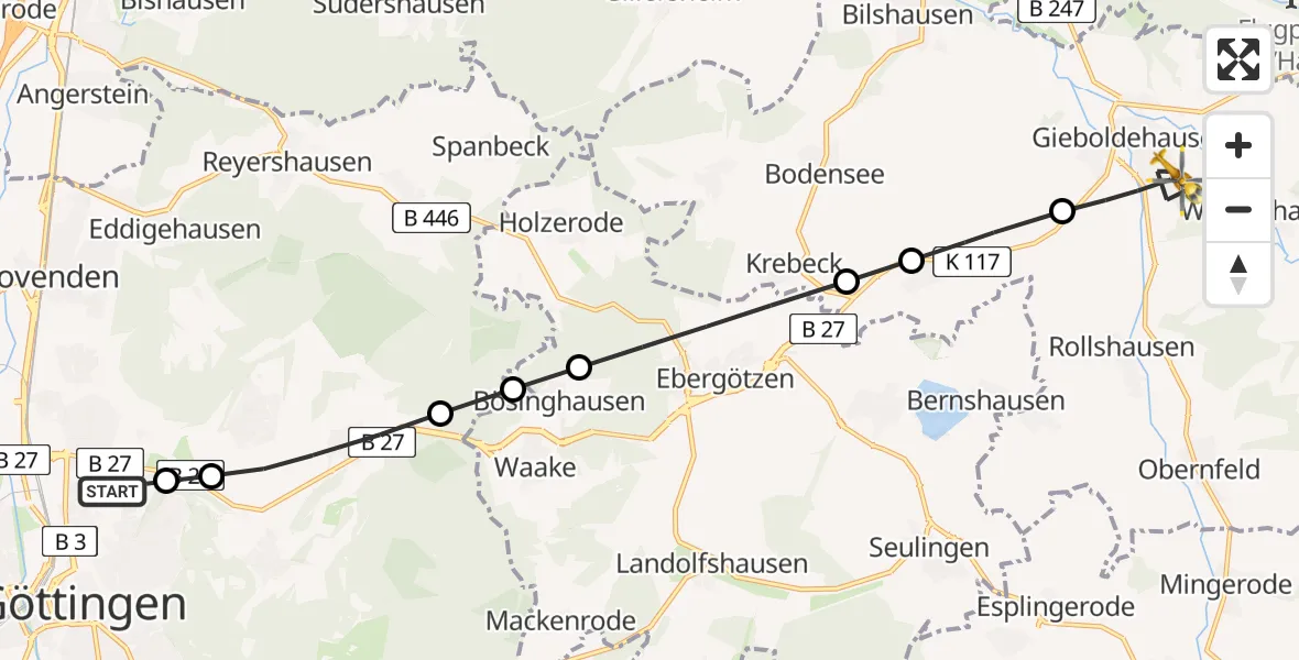 Flugroute Rettungshubschrauber Göttingen University Clinic Hubschrauberlandeplatz - Gieboldehausen, 21 März 2026, 13:33