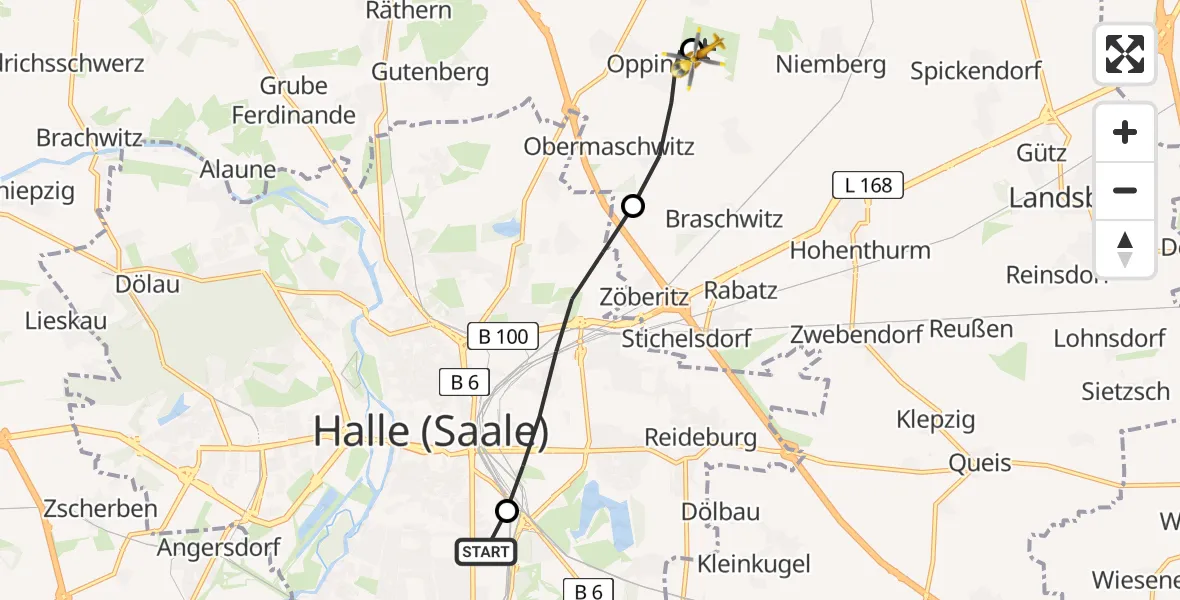 Routekaart van de vlucht: Ambulanzhubschrauber nach Halle-Oppin Flugplatz