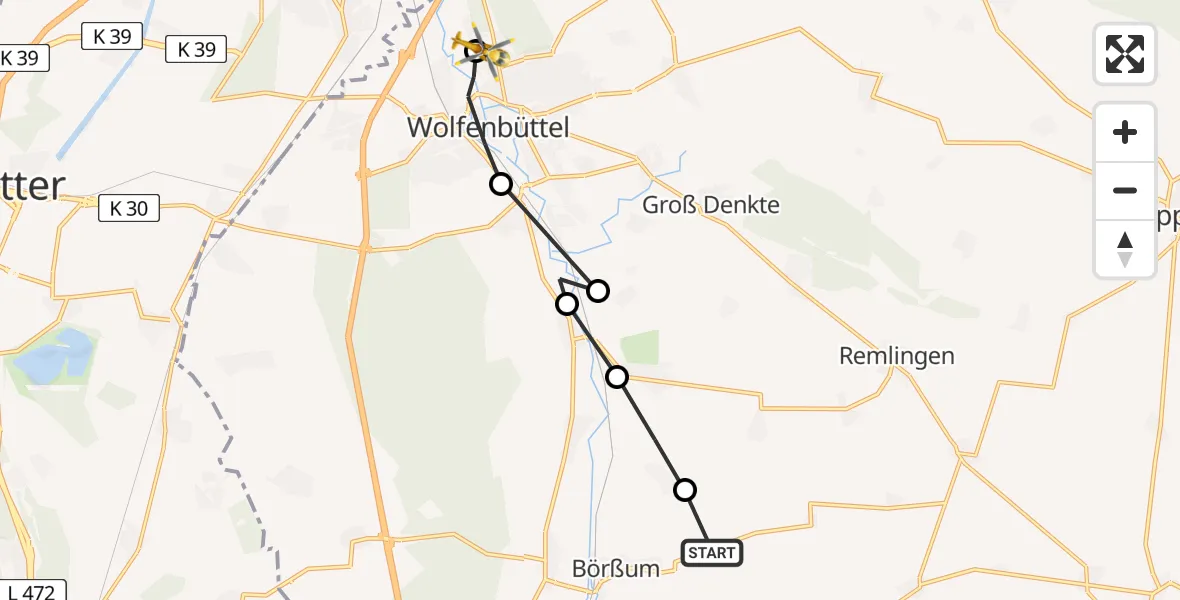 Routekaart van de vlucht: Rettungshubschrauber nach Wolfenbüttel Municipal Hospital Heliport (Christoph 30)