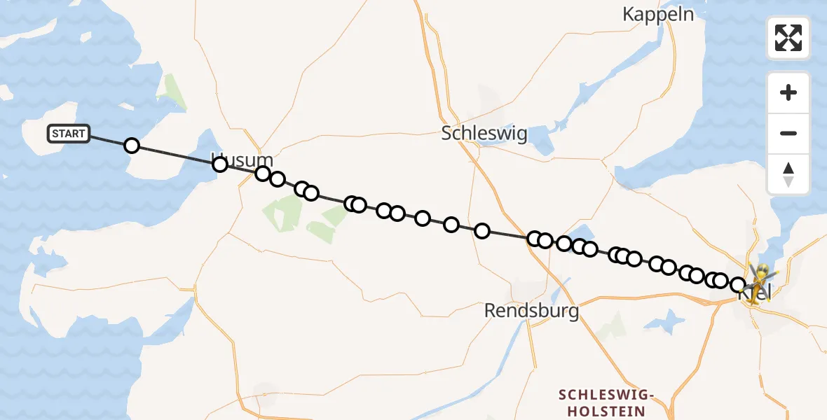Flugroute Rettungshubschrauber Tammensiel - Kiel, 21 März 2026, 13:40