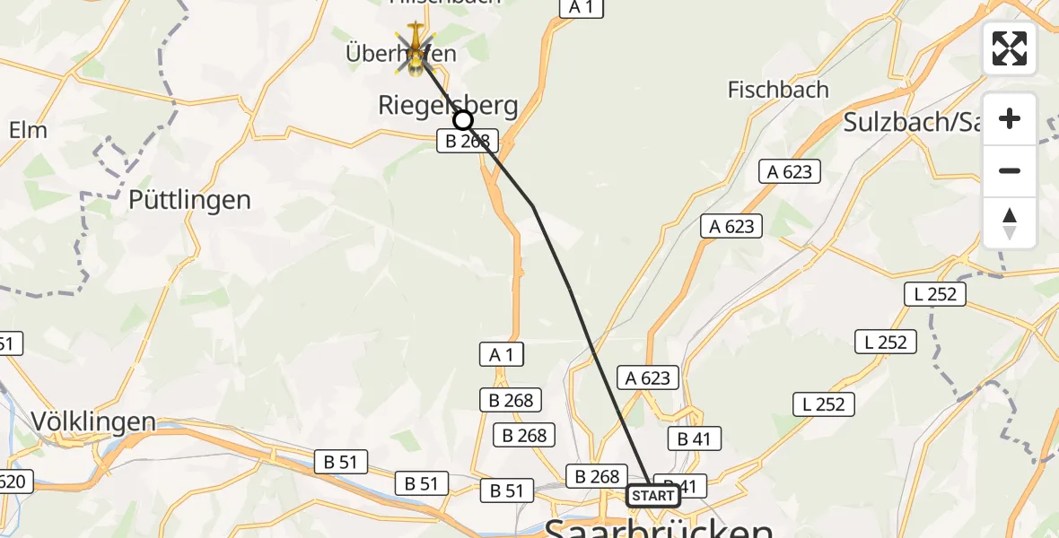 Flugroute Rettungshubschrauber Saarbrücken - Riegelsberg, 21 März 2026, 13:41