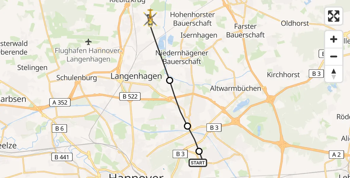 Flugroute Rettungshubschrauber Hannover Luftrettung Hubschrauberlandeplatz (Christoph 4) - Langenhagen, 21 März 2026, 13:47