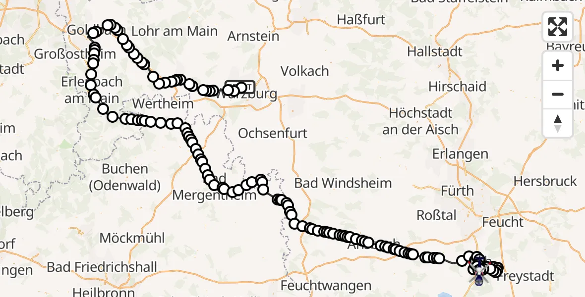 Flugroute Polizeihubschrauber Würzburg-Schenkenturm Flugplatz - Flugplatz Roth, 21 März 2026, 13:52