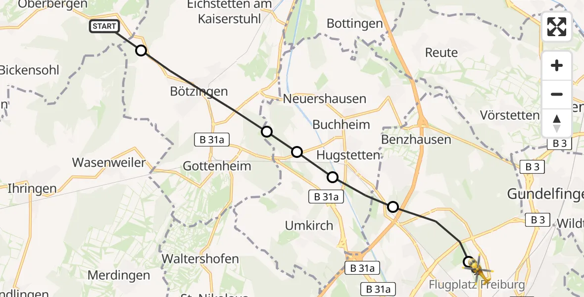 Flugroute Ambulanzhubschrauber Oberbergen - Freiburg im Breisgau Flugplatz, 21 März 2026, 13:59
