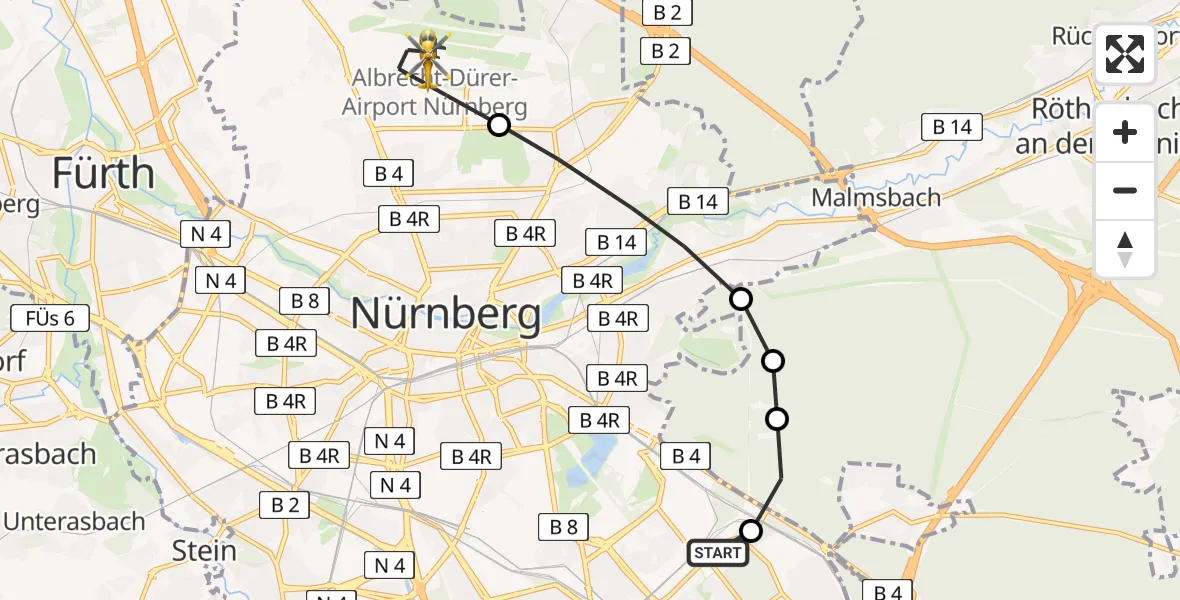 Flugroute Rettungshubschrauber Nürnberg South Hospital - Flughafen Nuremberg, 21 März 2026, 14:01