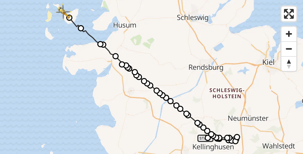 Flugroute Rettungshubschrauber Springhoe - Pellworm, 21 März 2026, 14:01
