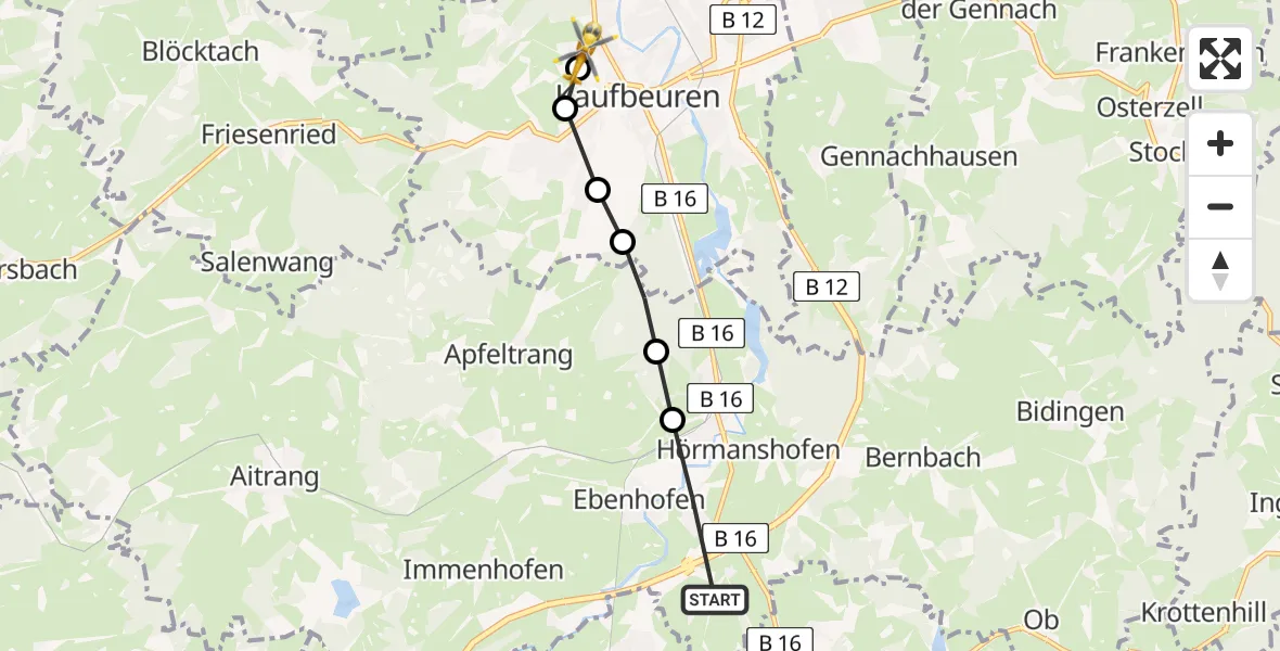 Routekaart van de vlucht: Rettungshubschrauber nach Ostallgäu-Kaufbeuren Hospital