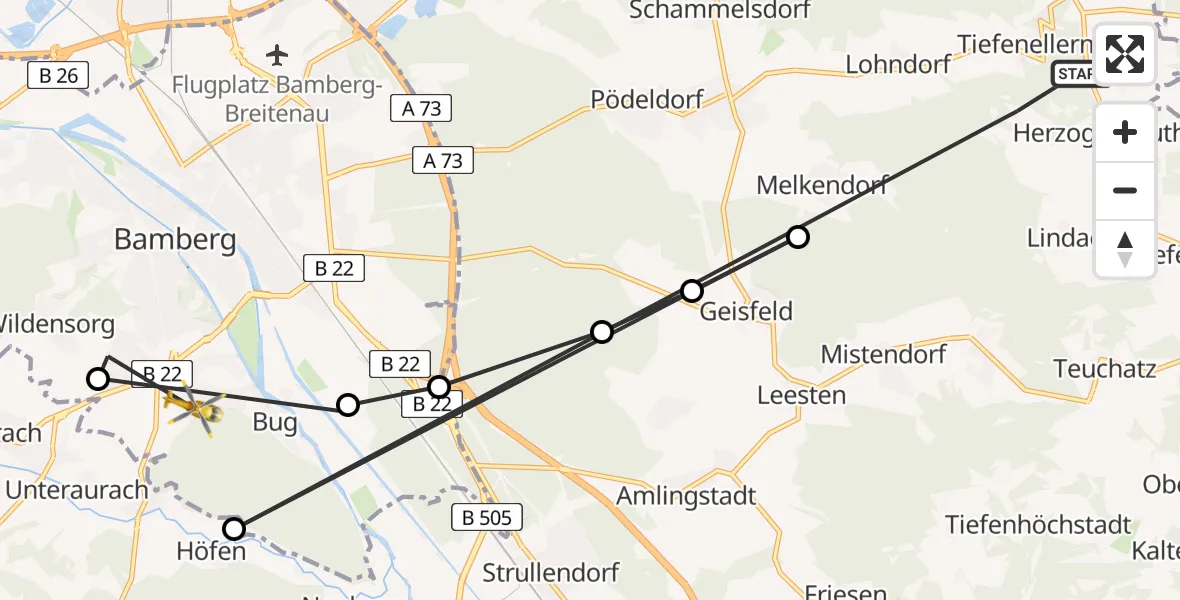 Flugroute Rettungshubschrauber Tiefenellern - Bamberg Hospital, 21 März 2026, 14:11