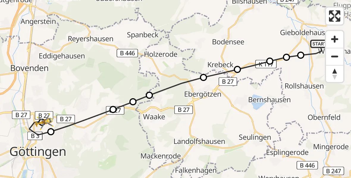 Routekaart van de vlucht: Rettungshubschrauber nach Göttingen University Clinic Hubschrauberlandeplatz