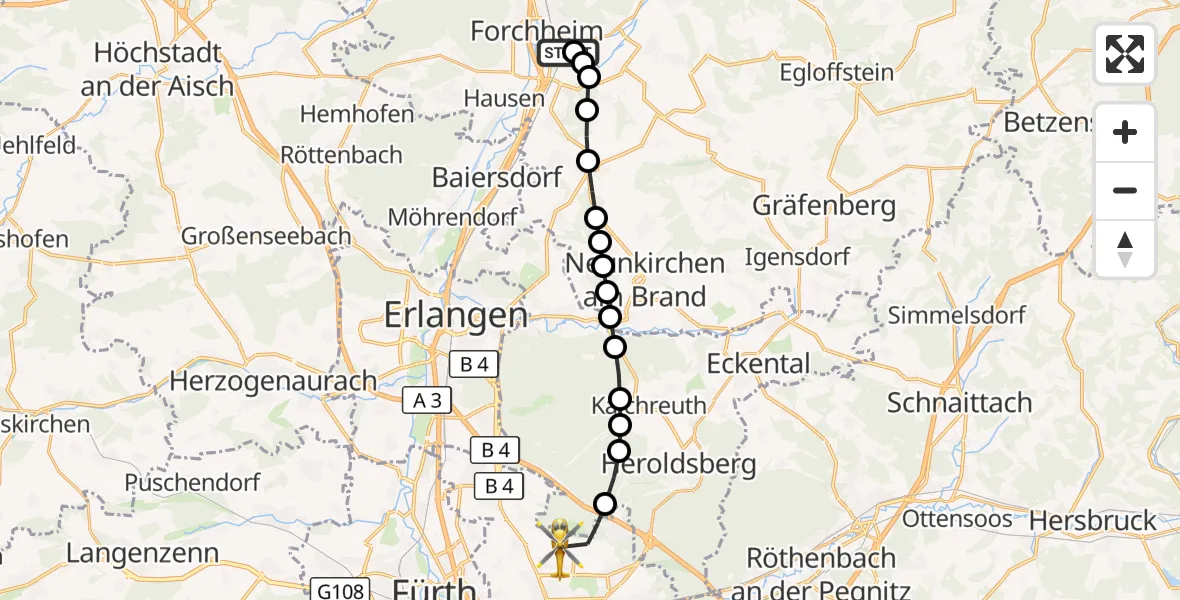 Flugroute Ambulanzhubschrauber Forchheim Franconian Switzerland Hospital - Flughafen Nuremberg, 21 März 2026, 14:21