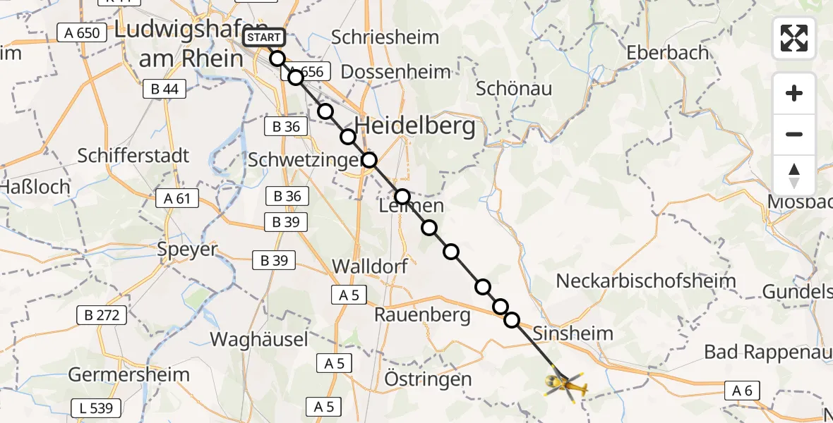 Flugroute Rettungshubschrauber Mannheim-City Flughafen - Sinsheim, 21 März 2026, 14:30