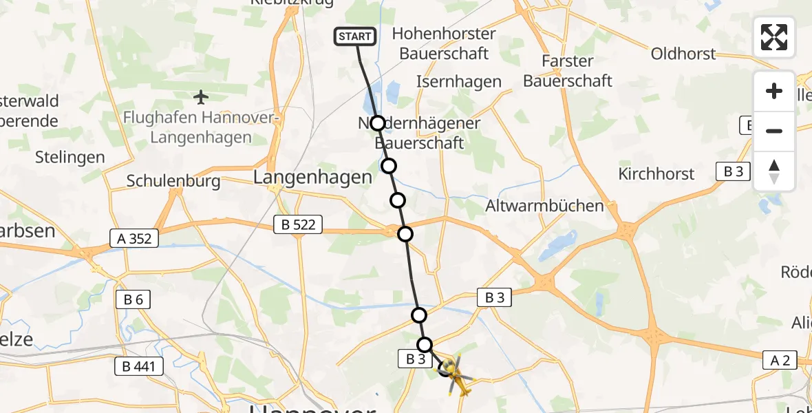 Flugroute Rettungshubschrauber Langenhagen - Hannover Luftrettung Hubschrauberlandeplatz (Christoph 4), 21 März 2026, 14:36
