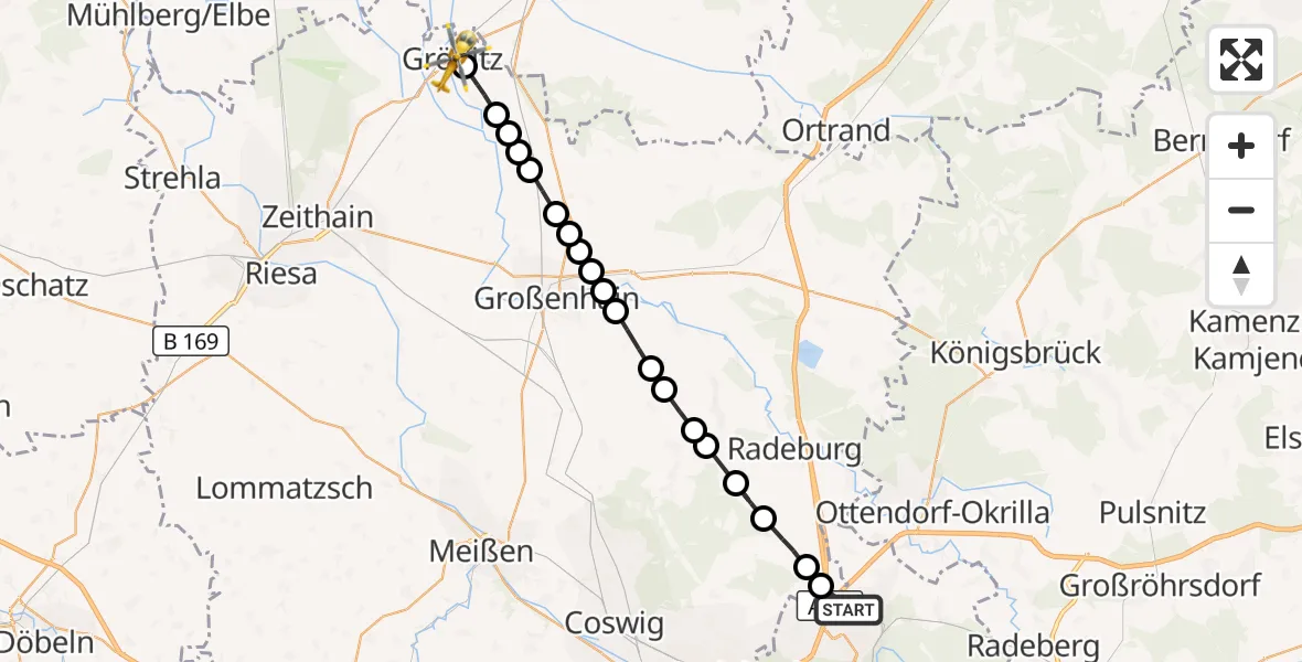 Flugroute Rettungshubschrauber Dresden Flughafen - Gröditz, 21 März 2026, 14:43