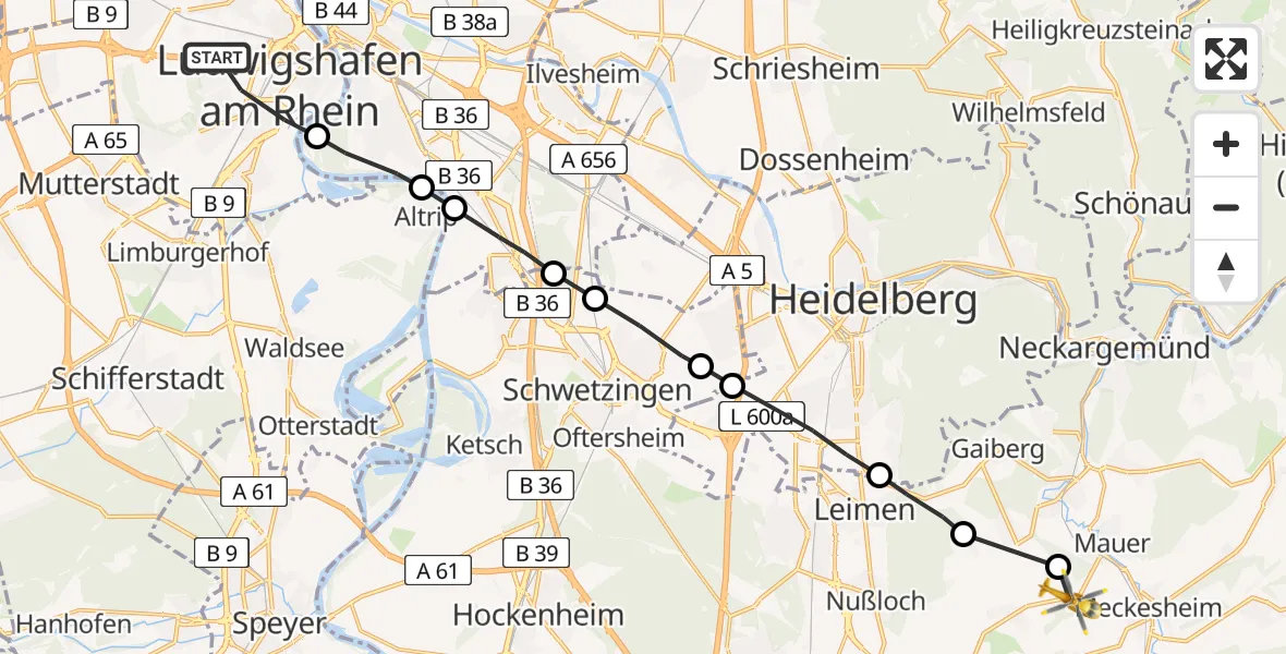 Routekaart van de vlucht: Rettungshubschrauber nach Meckesheim, L 547