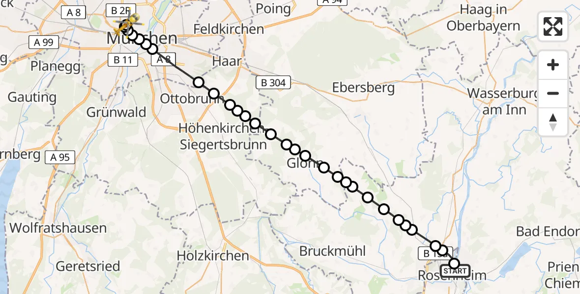 Flugroute Rettungshubschrauber RoMed Hospital Rosenheim - Deutsches Herzzentrum München, 21 März 2026, 15:06