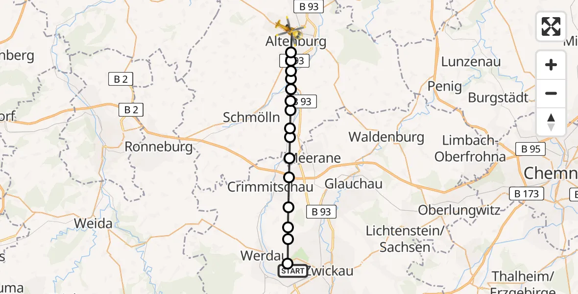 Routekaart van de vlucht: Rettungshubschrauber nach Altenburg, Elie-Wiesel-Straße