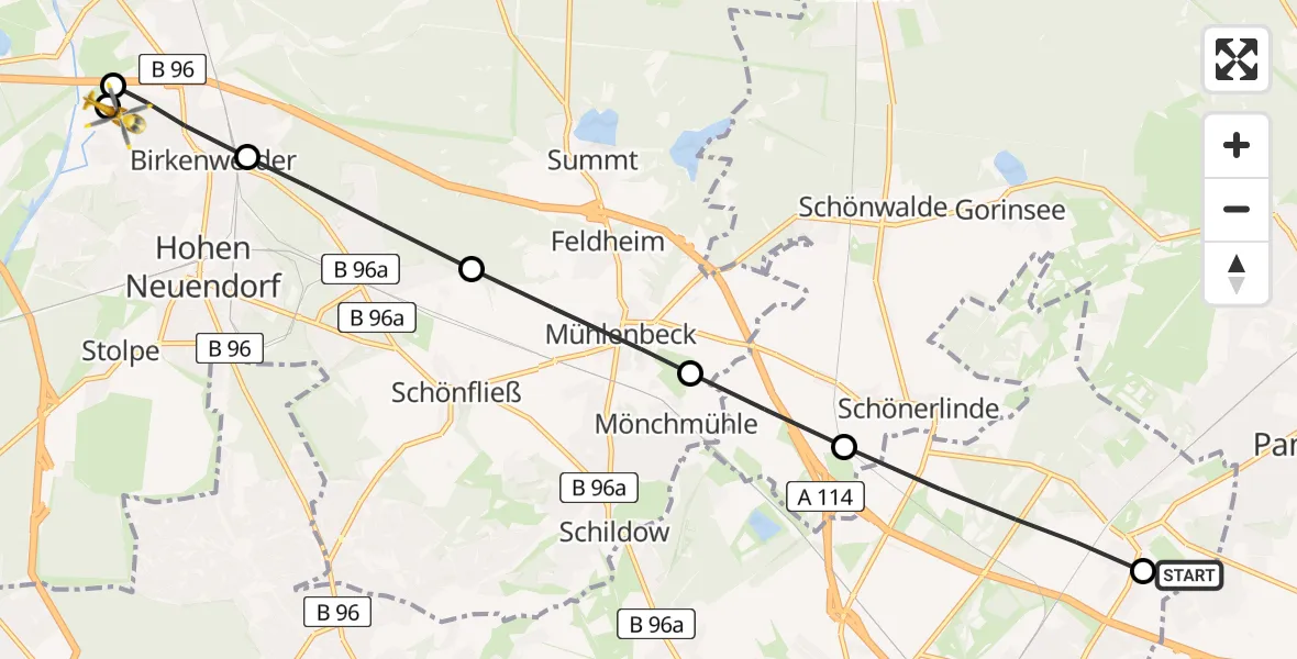 Flugroute Rettungshubschrauber Helios Clinic Berlin-Buch - Birkenwerder, 21 März 2026, 15:34