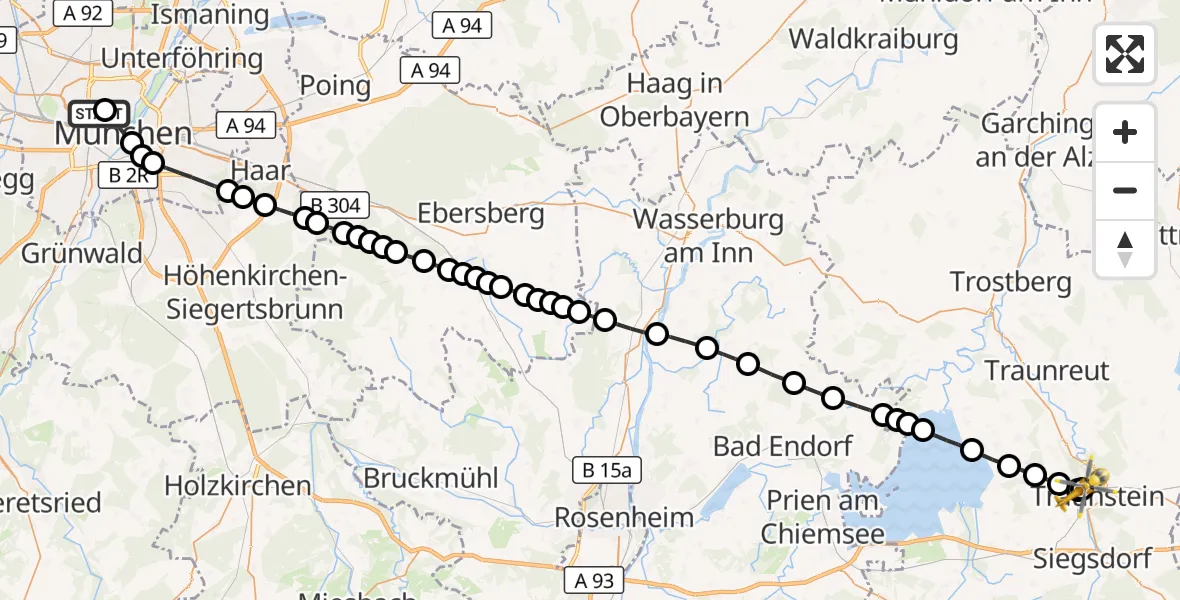 Flugroute Rettungshubschrauber Deutsches Herzzentrum München - Traunstein Hospital, 21 März 2026, 15:42