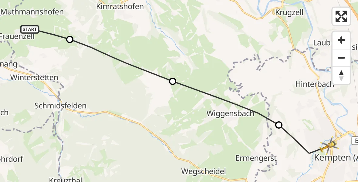 Flugroute Rettungshubschrauber Muthmannshofen - Kempten (Allgäu), 21 März 2026, 15:46