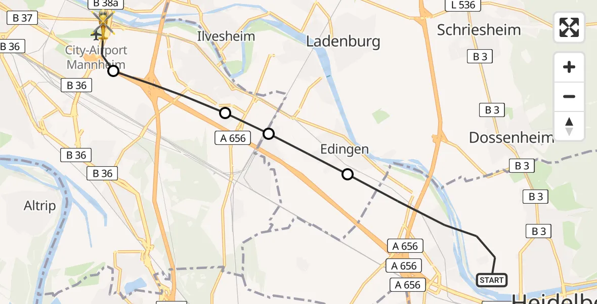 Flugroute Rettungshubschrauber Heidelberg - Mannheim-City Flughafen, 21 März 2026, 15:48