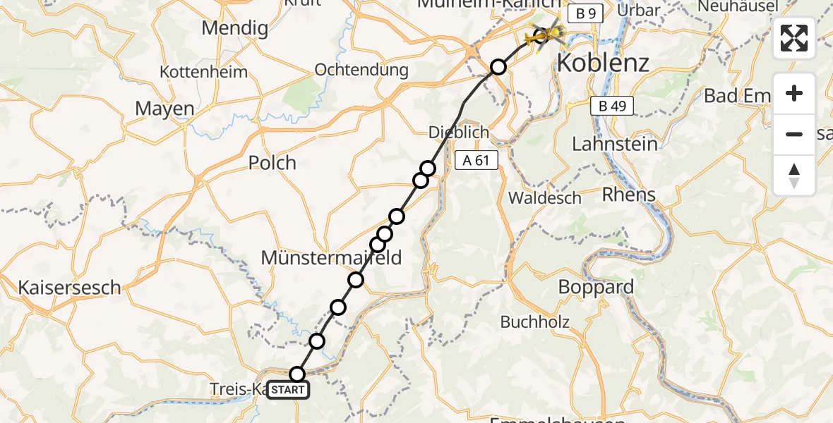 Routekaart van de vlucht: Rettungshubschrauber nach Koblenz, Rübenacher Straße