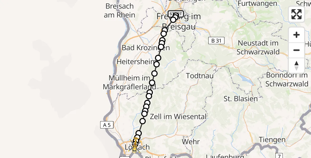 Flugroute Ambulanzhubschrauber Freiburg im Breisgau Flugplatz - Untertüllingen, 21 März 2026, 15:53