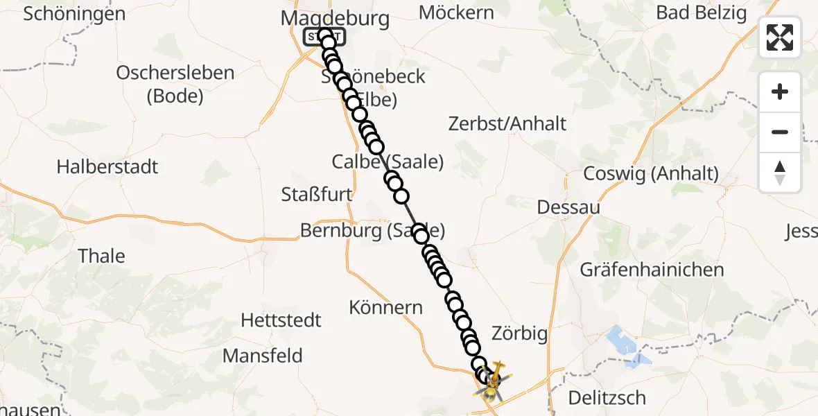 Flugroute Rettungshubschrauber Magdeburg - Halle-Oppin Flugplatz, 21 März 2026, 16:20
