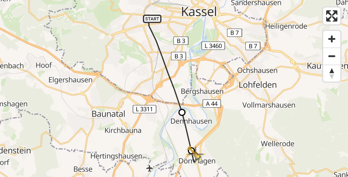 Flugroute Rettungshubschrauber Kassel - Dörnhagen, 21 März 2026, 16:22