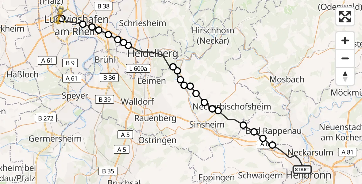 Flugroute Rettungshubschrauber Heilbronn - Ludwigshafen am Rhein, 21 März 2026, 16:22