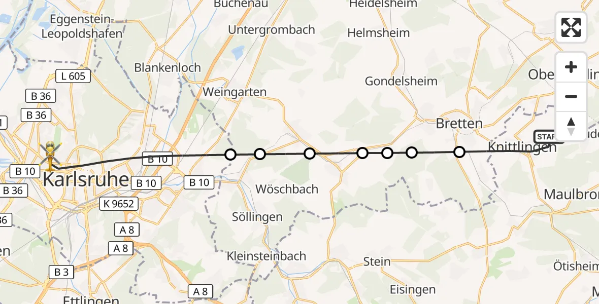 Flugroute Rettungshubschrauber Knittlingen - Karlsruhe, 21 März 2026, 16:42
