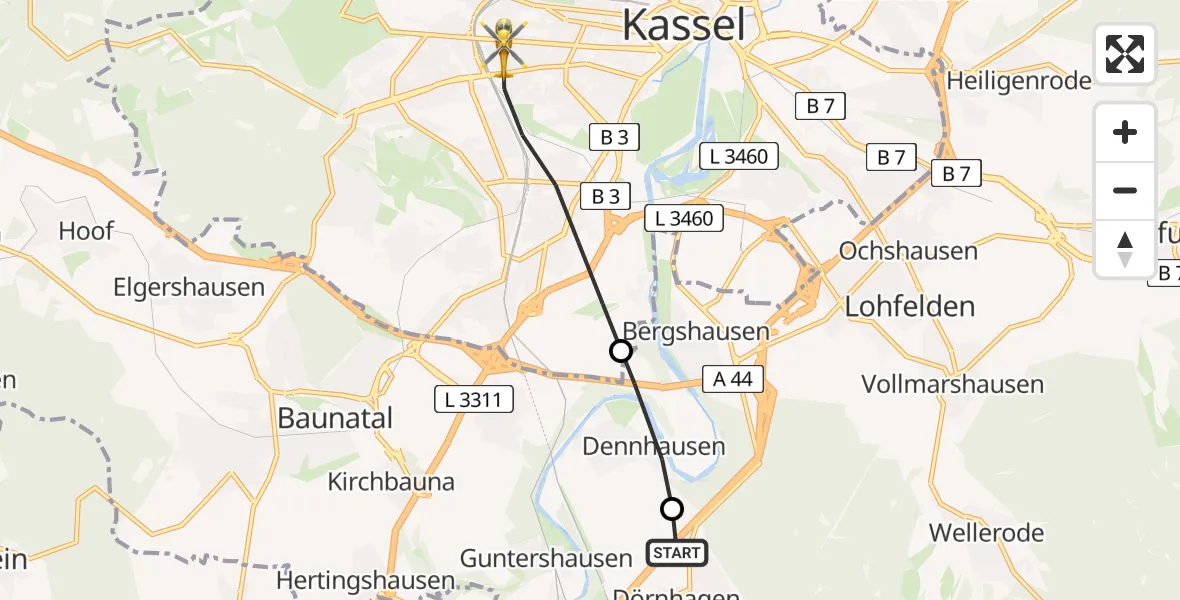 Routekaart van de vlucht: Rettungshubschrauber nach Kassel, Hansteinstraße