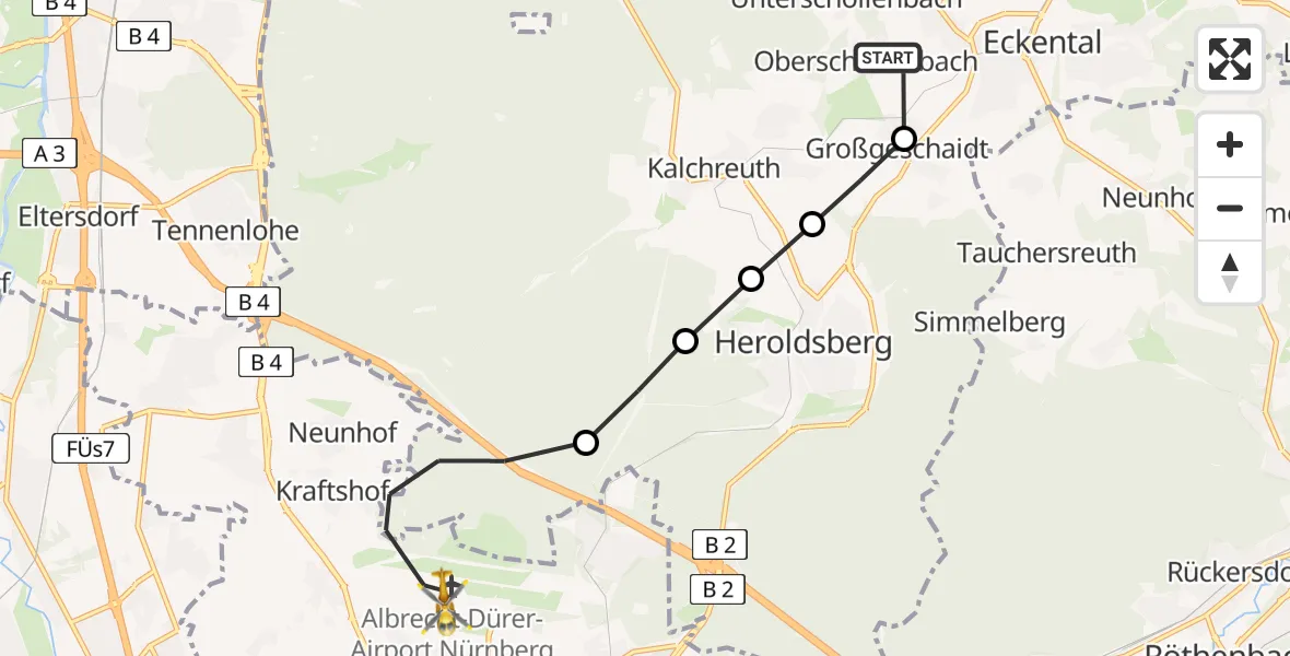 Flugroute Rettungshubschrauber Oberschöllenbach - Flughafen Nuremberg, 21 März 2026, 16:46