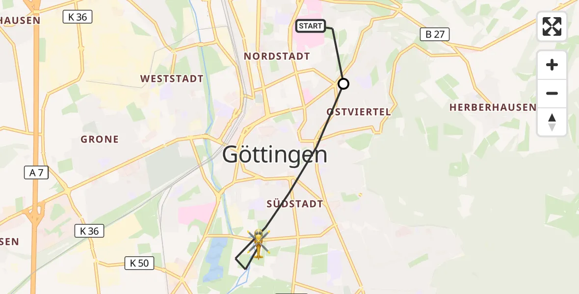 Flugroute Rettungshubschrauber Göttingen University Clinic Hubschrauberlandeplatz - Göttingen, 21 März 2026, 16:55