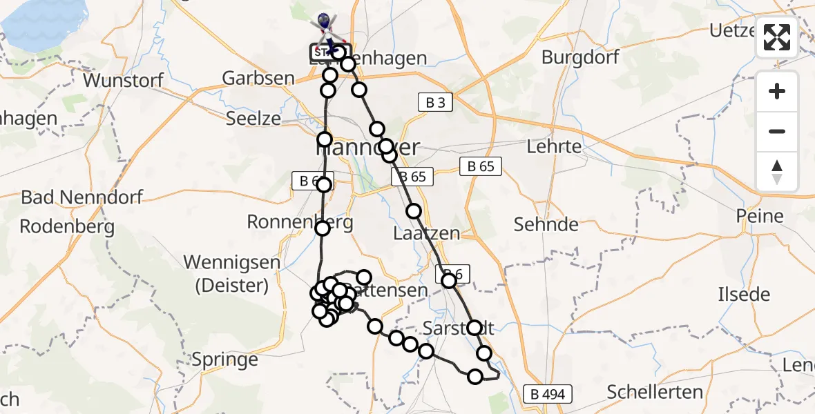 Flugroute Polizeihubschrauber Flughafen Hannover - Flughafen Hannover, 21 März 2026, 16:55