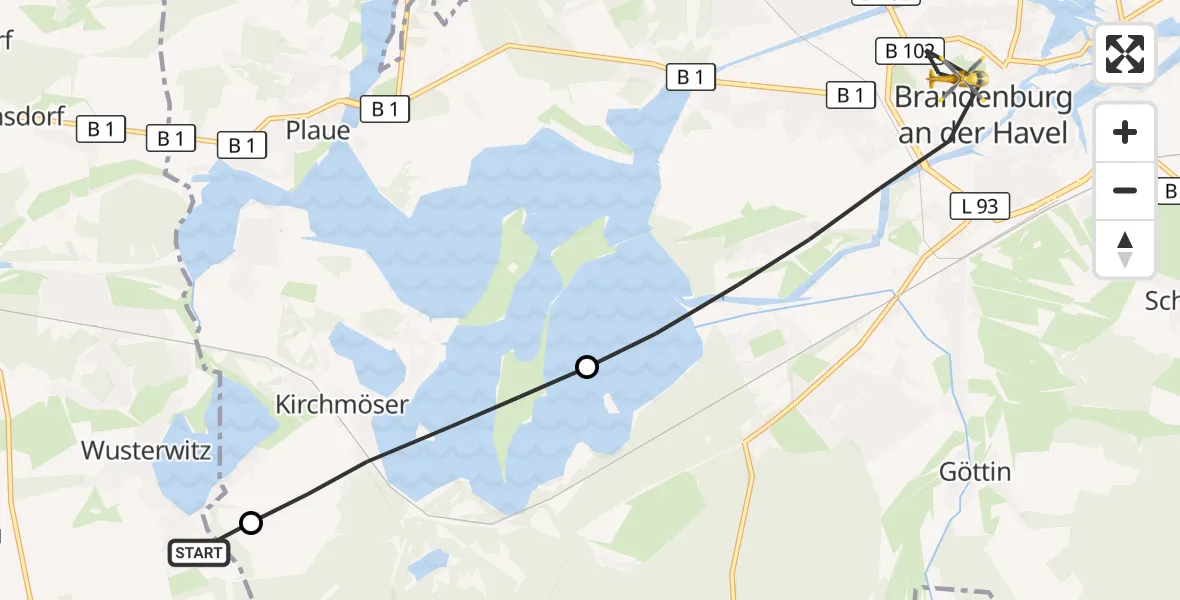 Flugroute Rettungshubschrauber Wusterwitz - Brandenburg an der Havel, 21 März 2026, 16:57