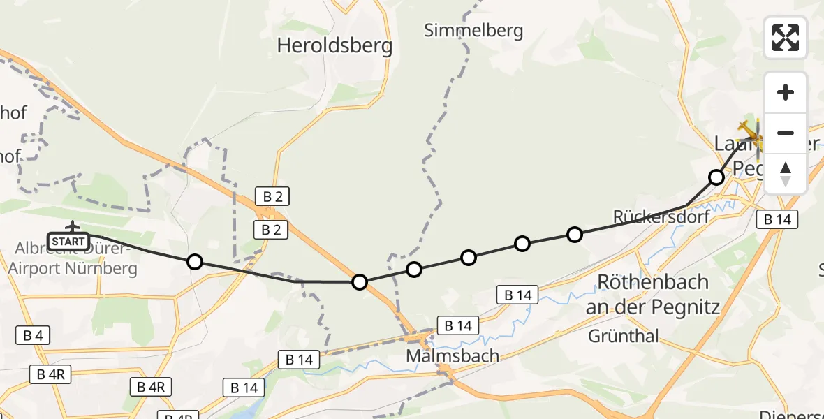 Flugroute Ambulanzhubschrauber Flughafen Nuremberg - Lauf an der Pegnitz, 21 März 2026, 16:59
