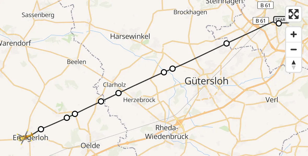Flugroute Rettungshubschrauber Luftrettungszentrum Bielefeld - Ennigerloh, 21 März 2026, 17:06